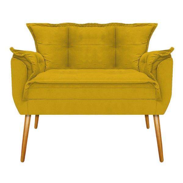 Imagem de Kit Namoradeira, 02 Poltronas e Puff Opala Base Giratória de Madeira Suede Amarelo - ADJ Decor