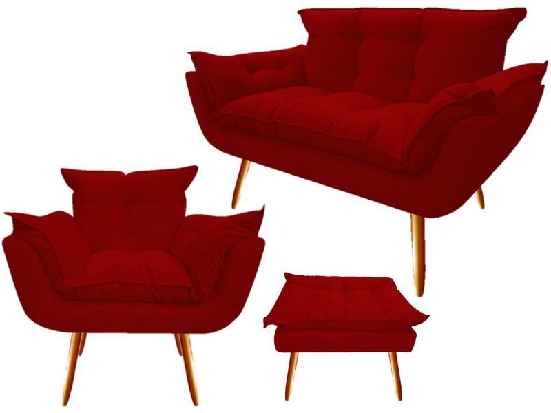 Imagem de Kit Namoradeira + 1 Poltrona + 1 Puff Decorativo Opala Suede Vermelho Pés Madeira Ms Decor