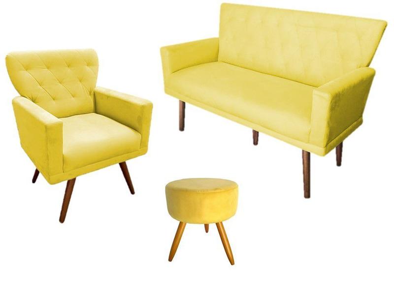 Imagem de Kit Namoradeira + 1 Poltrona Decorativa Aurora + Puff Redondo Suede Amarelo Pés Madeira Ms Decor