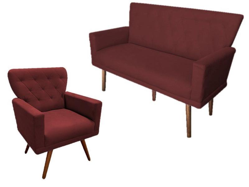 Imagem de Kit Namoradeira + 1 Poltrona Decorativa Aurora Suede Marsala Pés Madeira Ms Decor