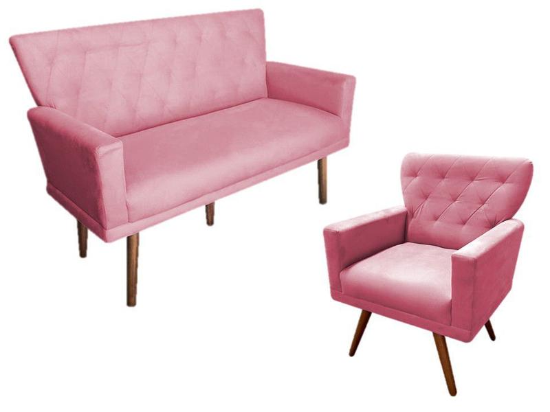 Imagem de Kit Namoradeira + 1 Poltrona Decorativa Aurora Suede Rosa Pés Madeira Mz Decor