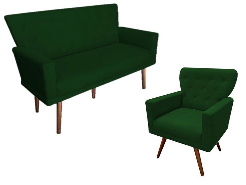 Imagem de Kit Namoradeira + 1 Poltrona Decorativa Aurora Suede Verde Pés Madeira Mz Decor