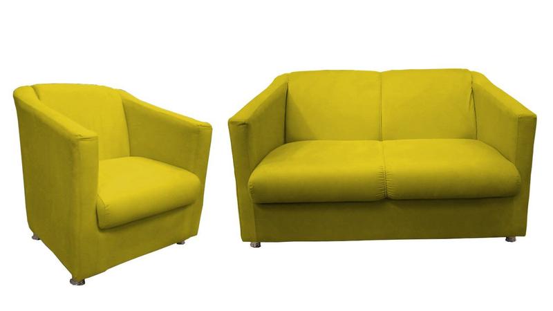 Imagem de Kit Namoradeira + 1 Poltrona Decorativa Biane Couro Amarelo Pés Cromado Mz Decor