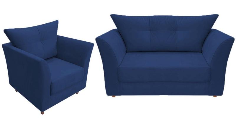 Imagem de Kit Namoradeira + 1 Poltrona Decorativa Isis Suede Azul Marinho Pés Madeira Mz Decor