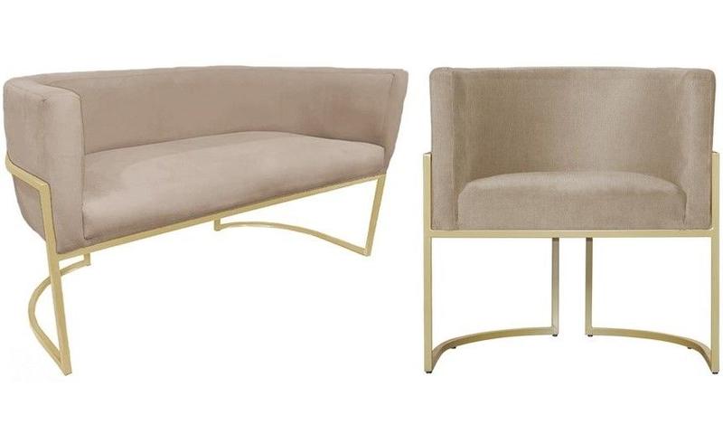 Imagem de Kit Namoradeira + 1 Poltrona Decorativa Luana Suede Capuccino Base Dourada Ms Decor