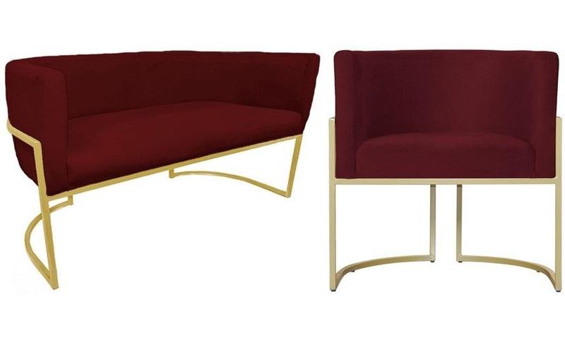 Imagem de Kit Namoradeira + 1 Poltrona Decorativa Luana Suede Marsala Base Dourada Ms Decor