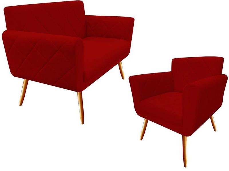 Imagem de Kit Namoradeira + 1 Poltrona Decorativa Sabrina Suede Vermelho Pés Madeira Ms Decor