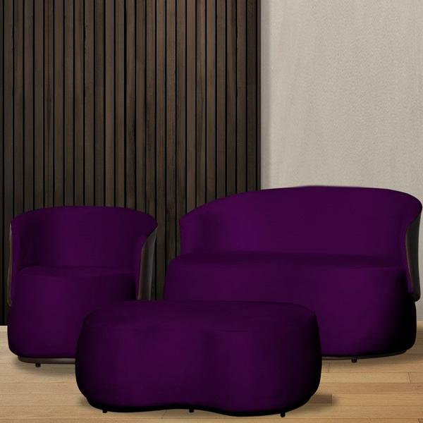 Imagem de Kit Namoradeira + 1 Poltrona + Puff Decorativo Beatriz Orgânico Composê Couro Marrom Veludo Roxo Mz Decor