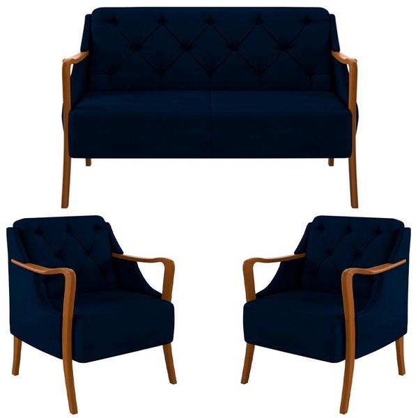 Imagem de Kit Namoradeira 135cm e 2 Poltronas Decorativas Capitonê Lapa M22 Veludo Azul Marinho - Mpozenato