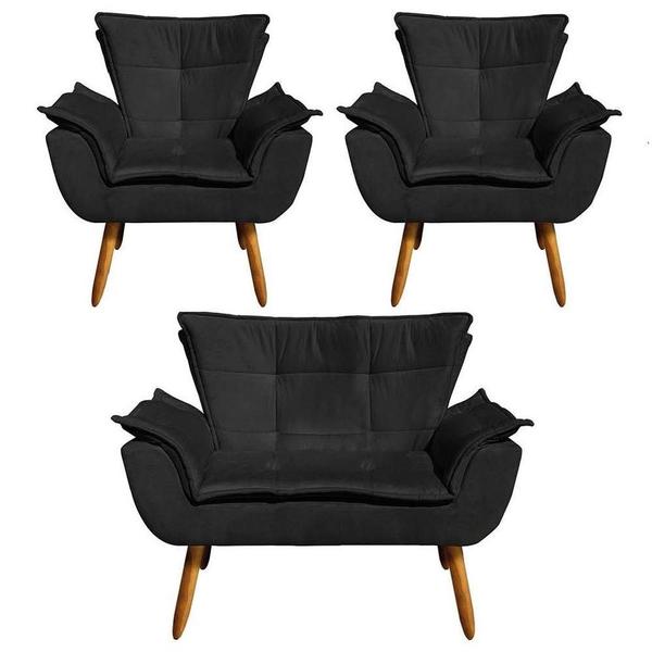 Imagem de Kit Namoradeira 2 Lugares E 2 Poltronas Decorativas Pés Palito Opla Suede Preto - Ibiza