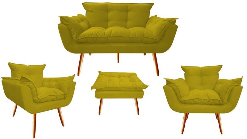 Imagem de Kit Namoradeira + 2 Poltronas + 1 Puff Decorativo Opala Suede Amarelo Pés Madeira Ms Decor