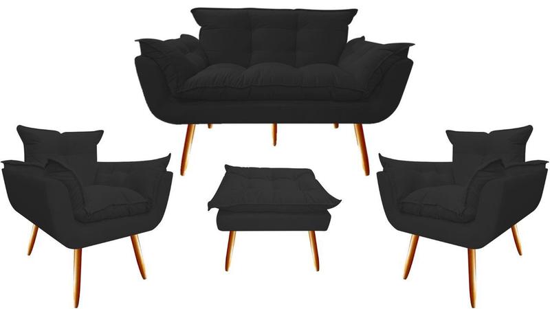 Imagem de Kit Namoradeira + 2 Poltronas + 1 Puff Decorativo Opala Suede Preto Pés Madeira Mz Decor