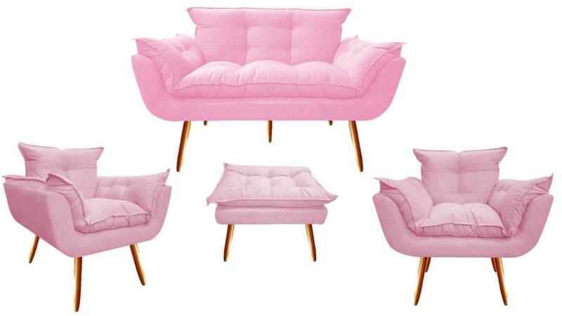 Imagem de Kit Namoradeira + 2 Poltronas + 1 Puff Decorativo Opala Suede Rosa Bebê Pés Madeira Ms Decor