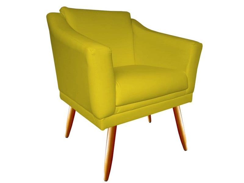 Imagem de Kit Namoradeira + 2 Poltronas Decorativa Agatha Couro Amarelo Pés Madeira Ms Decor