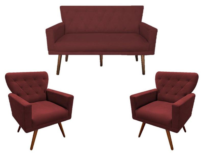 Imagem de Kit Namoradeira + 2 Poltronas Decorativa Aurora Suede Marsala Pés Madeira Mz Decor