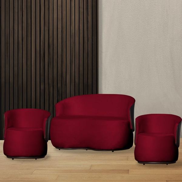 Imagem de Kit Namoradeira + 2 Poltronas Decorativa Beatriz Orgânica Composê Couro Marrom Veludo Vermelho Ms Decor