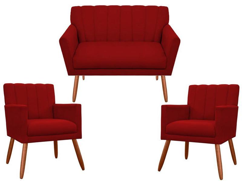 Imagem de Kit Namoradeira + 2 Poltronas Decorativa Cecília Couro Vermelho Pés Madeira Mz Decor