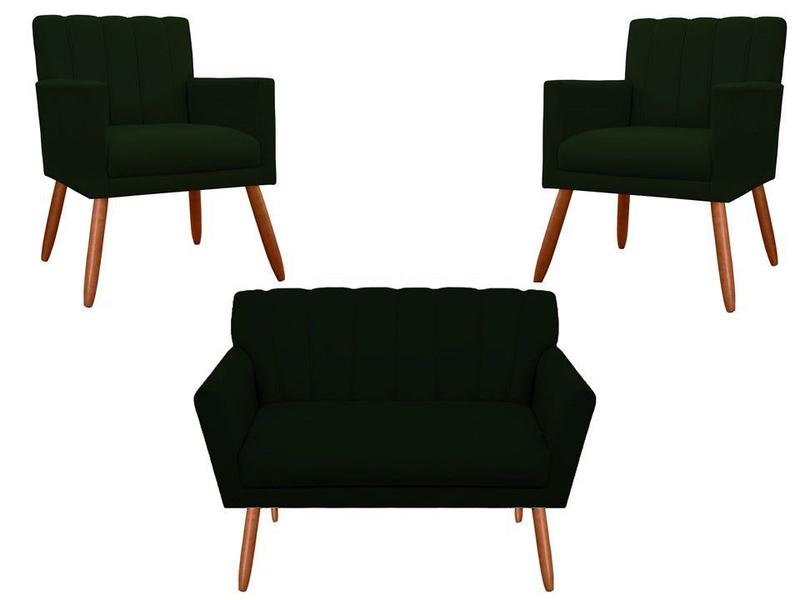 Imagem de Kit Namoradeira + 2 Poltronas Decorativa Cecília Suede Verde Pés Madeira Ms Decor