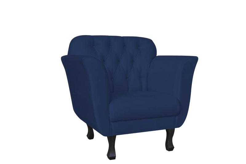 Imagem de Kit Namoradeira + 2 Poltronas Decorativa Dália Suede Azul Marinho Pés Madeira Ms Decor