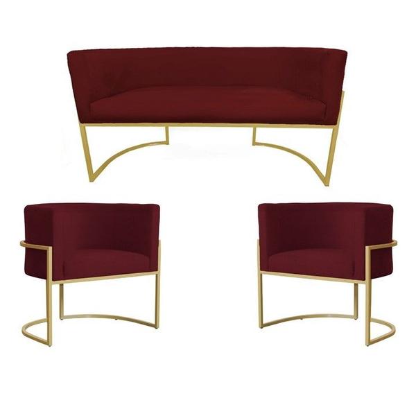 Imagem de Kit Namoradeira + 2 Poltronas Decorativa Luana Suede Marsala Base Dourarada Ms Decor