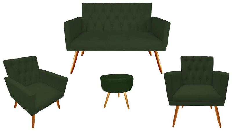 Imagem de Kit Namoradeira + 2 Poltronas Decorativa Nina Capitonê + Puff Redondo Suede Verde Pés Madeira Ms Decor