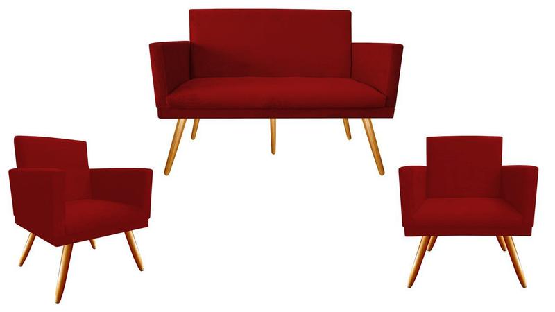 Imagem de Kit Namoradeira + 2 Poltronas Decorativa Nina Suede Vermelho Pés Madeira Ms Decor