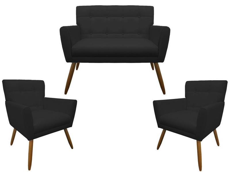 Imagem de Kit Namoradeira + 2 Poltronas Decorativa Onix Couro Preto Pés Madeira Mz Decor