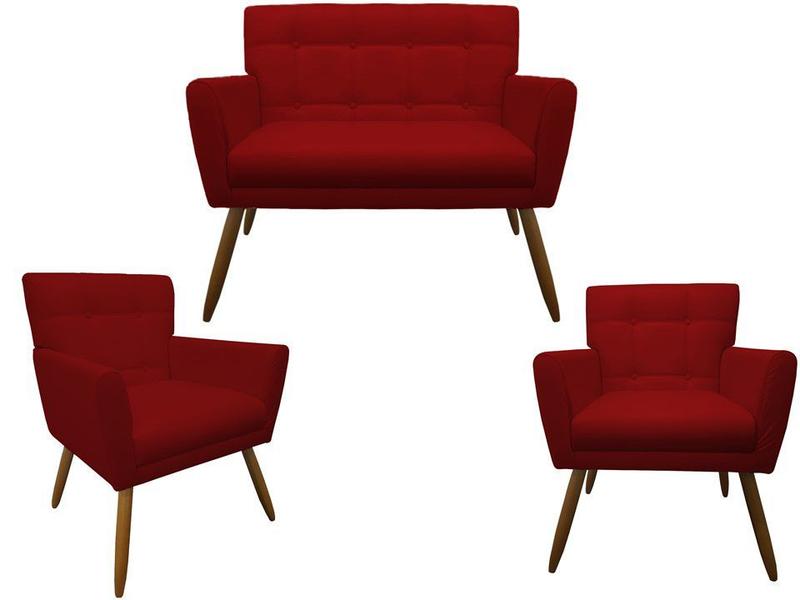 Imagem de Kit Namoradeira + 2 Poltronas Decorativa Onix Couro Vermelho Pés Madeira Ms Decor