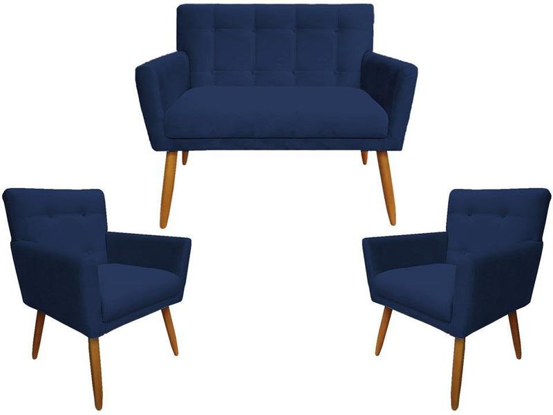 Imagem de Kit Namoradeira + 2 Poltronas Decorativa Onix Suede Azul Marinho Pés Madeira Mz Decor