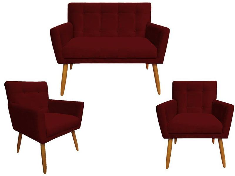 Imagem de Kit Namoradeira + 2 Poltronas Decorativa Onix Suede Marsala Pés Madeira Ms Decor