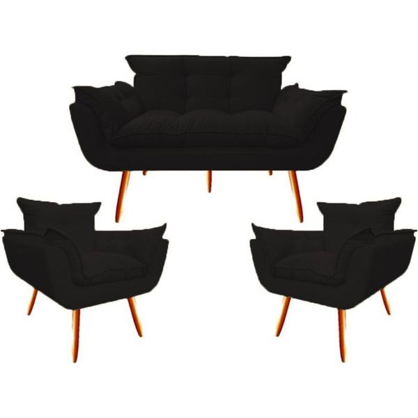 Imagem de Kit Namoradeira + 2 Poltronas Decorativa Opala Suede Preto - Twdecora