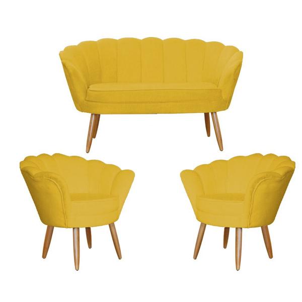 Imagem de Kit Namoradeira + 2 Poltronas Decorativa Pétala Couro Amarelo Pés Madeira Mz Decor