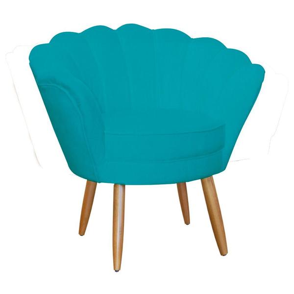 Imagem de Kit Namoradeira + 2 Poltronas Decorativa Pétala Suede Azul Tifany Pés Madeira Mz Decor