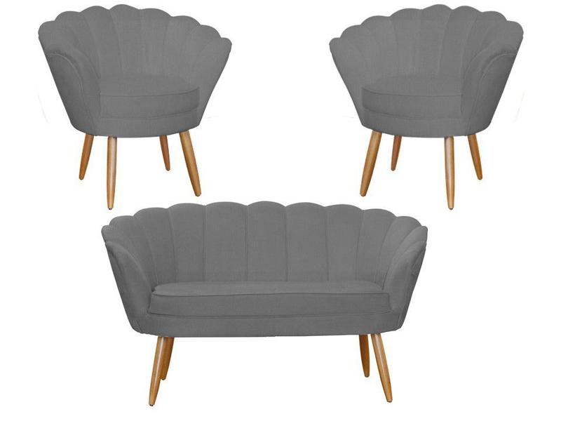 Imagem de Kit Namoradeira + 2 Poltronas Decorativa Pétala Suede Cinza Pés Madeira Ms Decor