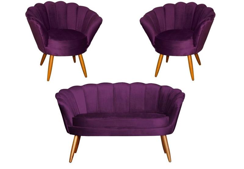 Imagem de Kit Namoradeira + 2 Poltronas Decorativa Pétala Veludo Roxo Pés Madeira Ms Decor