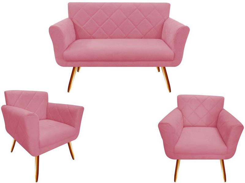 Imagem de Kit Namoradeira + 2 Poltronas Decorativa Sabrina Suede Rosa Pés Madeira Ms Decor