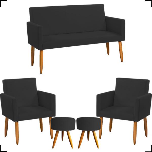 Imagem de Kit namoradeira + 2 poltronas decorativas para sala nina + 2 puff redondos suede preto pé castanho