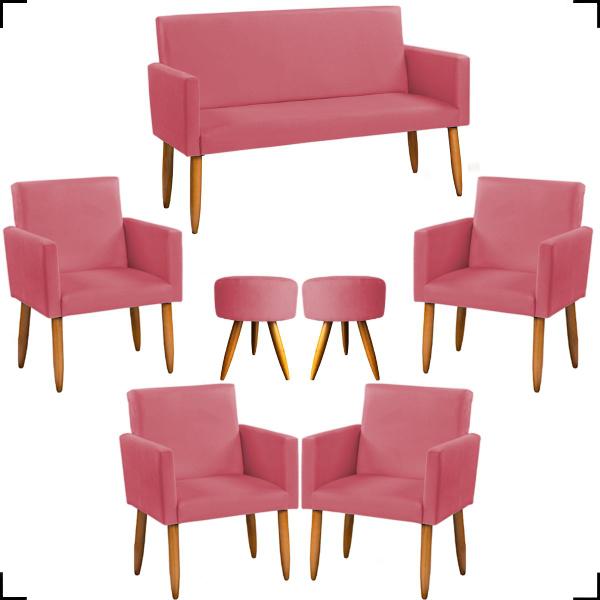 Imagem de Kit Namoradeira + 4 Poltronas Decorativas Para Sala Nina + 2 Puff Redondo Suede Cores Pé Castanho - Clique E Decore 