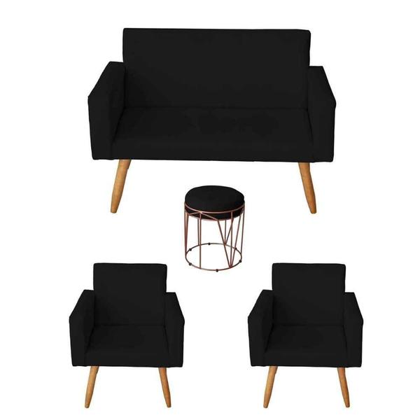 Imagem de Kit Namoradeira Decorativa com 2 Poltronas Sala de Estar Nina e Puff Aramado Preto - Mafer