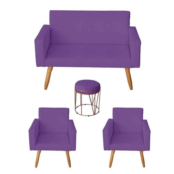 Imagem de Kit Namoradeira Decorativa com 2 Poltronas Sala de Estar Nina e Puff Aramado Roxo - Mafer