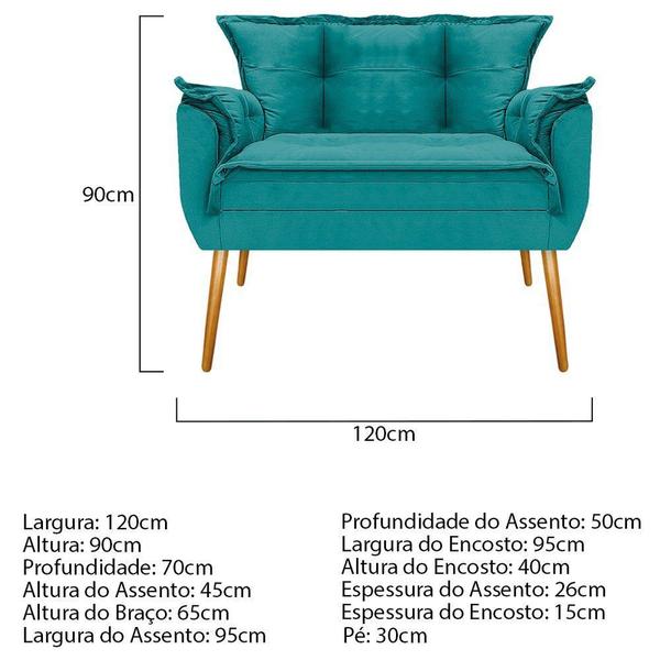 Imagem de Kit Namoradeira e 02 Poltronas Zatti Base Giratória de Madeira Sala de Estar Suede Azul Turquesa - DAMAFFÊ MÓVEIS