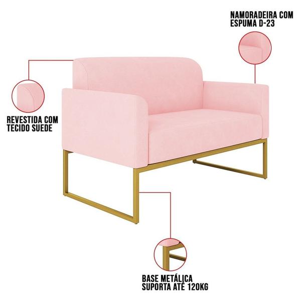 Imagem de Kit Namoradeira e 1 Poltrona Decorativa Base Industrial Dourada Maressa S19 Suede Rosa Bebê - Ibiza