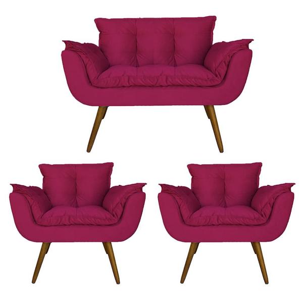 Imagem de Kit Namoradeira e 2 Poltronas Estofadas Hall de Entrada Opala Suede Rosa Pink - LM DECOR