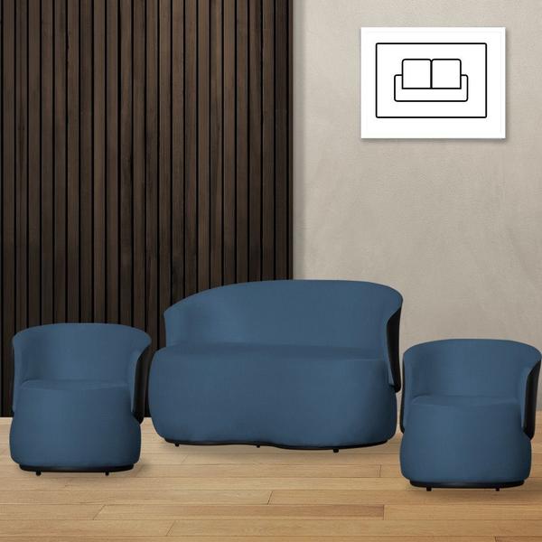 Imagem de Kit Namoradeira e 2 Poltronas Orgânica Aisha Suede Azul Royal Composê Corano Preto - MB DECOR