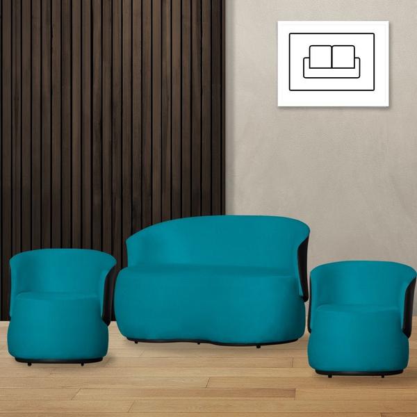 Imagem de Kit Namoradeira e 2 Poltronas Orgânica Aisha Suede Azul Turquesa Composê Corano Preto - MB DECOR