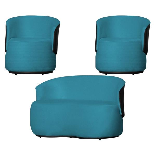 Imagem de Kit Namoradeira e 2 Poltronas Orgânica Aisha Suede Azul Turquesa Composê Corano Preto - MB DECOR