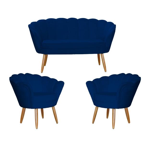 Imagem de Kit Namoradeira e 2 Poltronas Pétala Decorativa Veludo Azul Marinho - Montanaris Decor