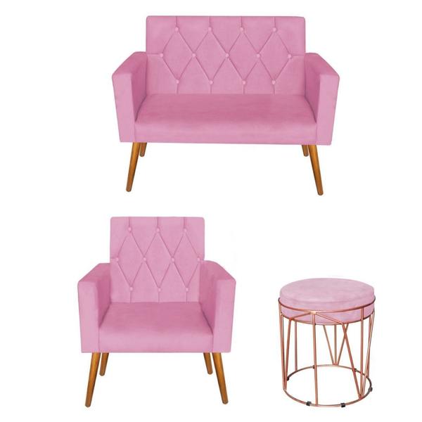 Imagem de Kit Namoradeira E Poltrona Decorativa Capitonê Thais e Puff  Aramado Suede Rose - Móveis Mafer