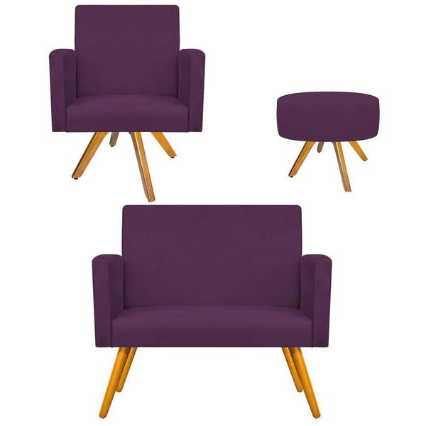 Imagem de Kit Namoradeira, Poltrona Arenzza e Puff Sofia Base Giratória de Madeira Suede Roxo - DAMAFFÊ MÓVEIS