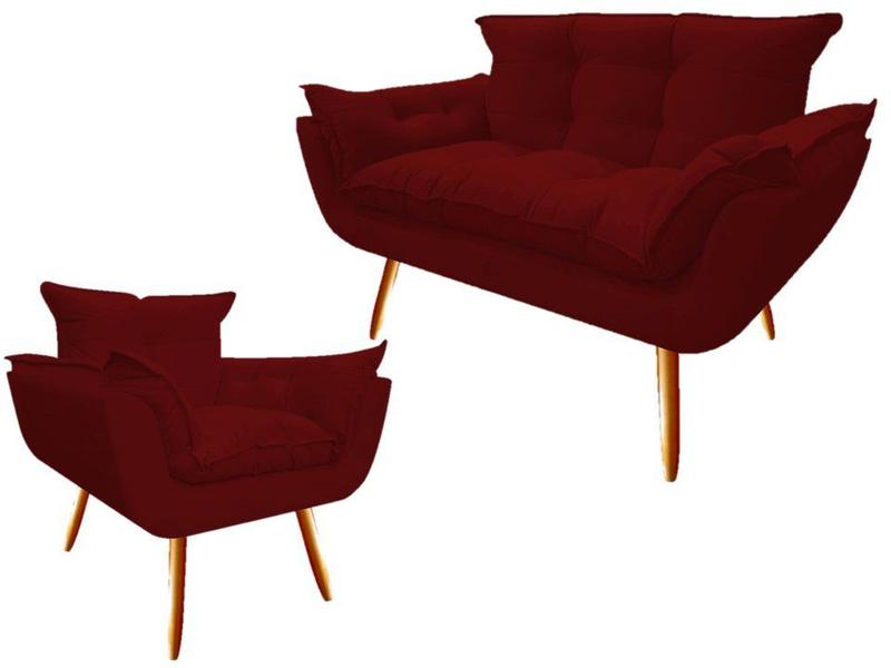 Imagem de Kit Namoradeira + Poltrona Decorativa Opala Suede Marsala Pés Madeira Ms Decor